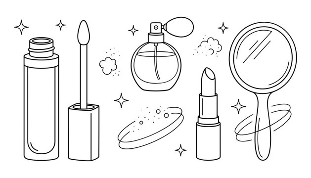 Cosmetics makeup beauty products line art vector icon set featuring lip gloss perfume lipstick and hand mirror graphics
