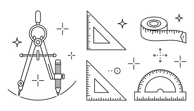 Geometry engineering drafting tools and mathematics measurement line art vector icon set featuring compass triangles protractor and tape