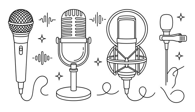 Microphone audio and podcast equipment line art vector icon set featuring vintage studio dynamic and lavalier mic graphics
