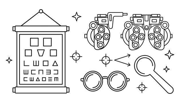 Ophthalmology eye care and optometry exam line art vector icon set featuring phoropter chart glasses and magnifier