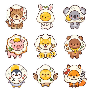 Cute animal characters wearing fried egg costume