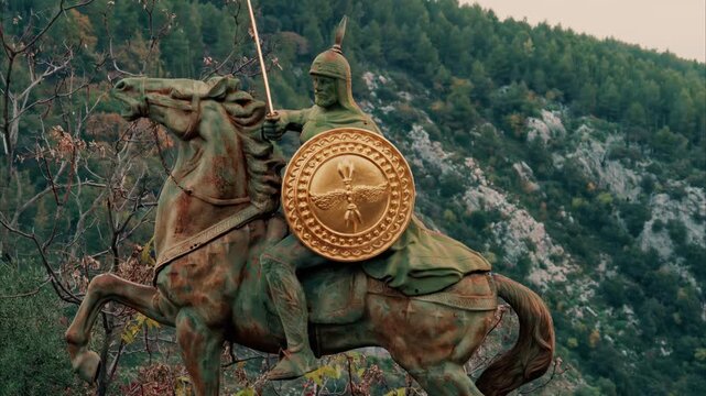 Bronze statue of mounted warrior holding golden shield outdoors.