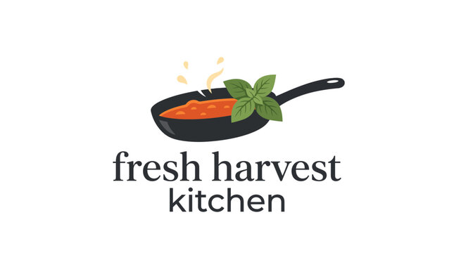 Fresh harvest kitchen logo design featuring delicious tomato sauce in a pan with organic green basil