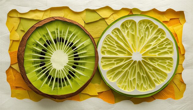 Embroidered kiwi and lemon fruit slices on textured fabric background, generative AI