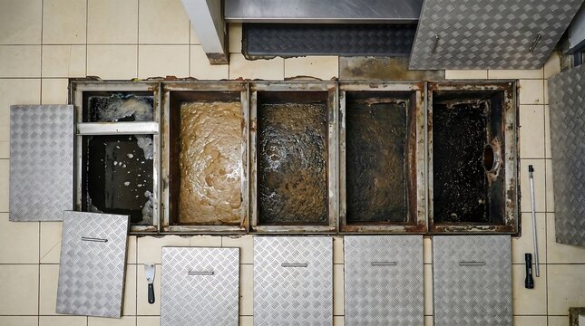 Top view of open industrial grease trap in commercial kitchen floor