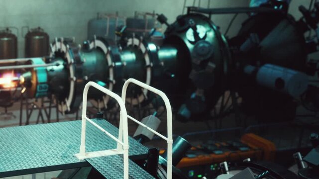 A rocket engine is being tested in a laboratory. The scene shows various machinery and equipment in the background. Workers monitor the testing process while observing safety protocols.