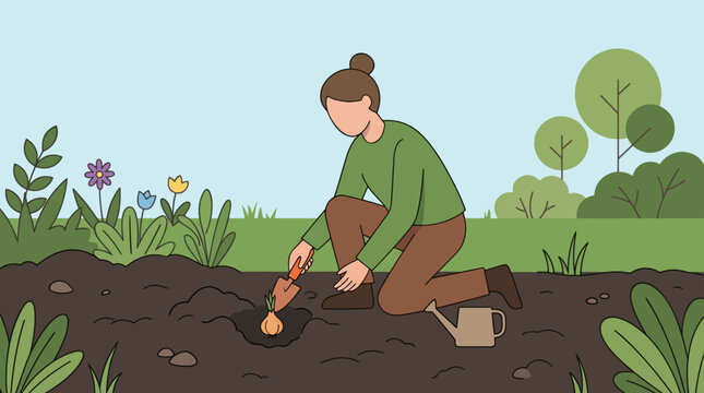 A person planting a bulb in a garden bed with a small watering can nearby. The scene depicts a gardening activity on a bright, clear day
