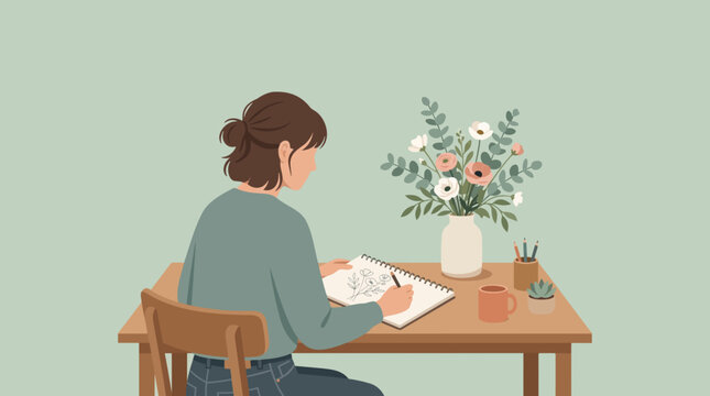 A young woman sits at a wooden desk, engrossed in drawing in a sketchbook. A vase of flowers, a mug, and a pencil holder sit on the desk.