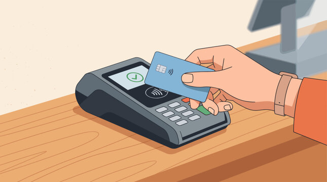 Contactless payment with a credit card being tapped on a payment terminal. The screen on the terminal shows a green checkmark, indicating a successful transaction