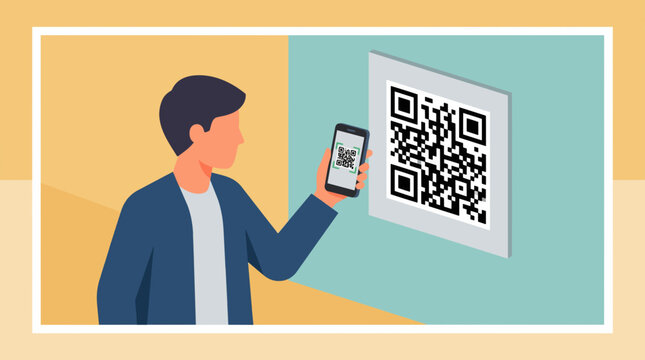 A man using his smartphone to scan a QR code displayed on a wall. The QR code is black and white, with a pixelated pattern