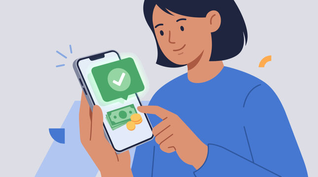 A woman happily using a smartphone for a financial transaction. The screen displays a successful payment with money and coins