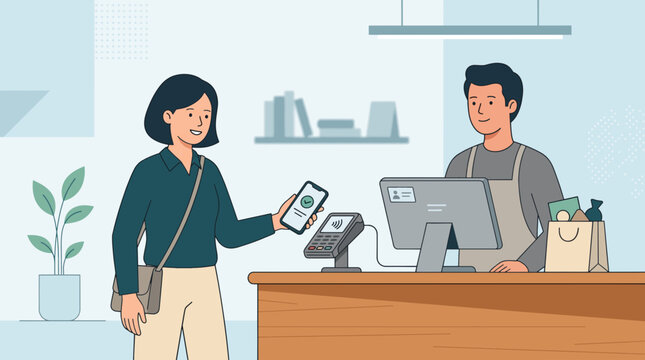 Customer making a contactless payment with a smartphone at a checkout counter. The cashier is standing behind the counter, ready to process the transaction.