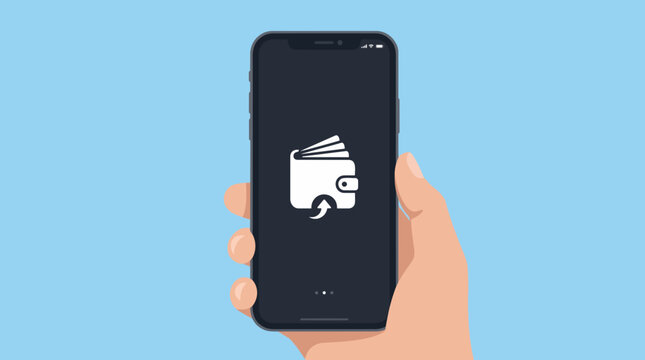 A hand holding a smartphone displaying a digital wallet icon with a download arrow. The screen is dark, contrasting with the light icon.