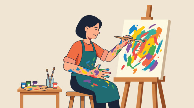 A woman artist passionately painting a vibrant abstract artwork on a canvas. She is wearing an apron covered in paint splatters, with brushes and a palette nearby