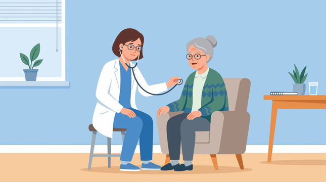 A doctor listens to an elderly woman's heart with a stethoscope in a well-lit room. The doctor is wearing a white coat and blue scrubs, while the elderly woman is seated in a comfortable armchair.