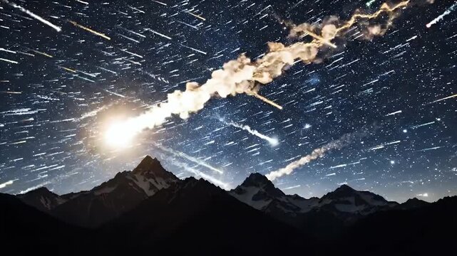 Meteor shower with light trails over silhouetted mountain peaks at night.
