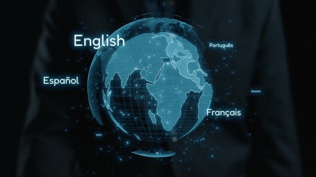 A futuristic representation of a globe displaying various languages, symbolizing the importance of multilingual communication and global connectivity in a modern world. Qubit