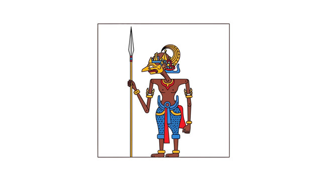 ancient egyptian deity with spear and colorful attire