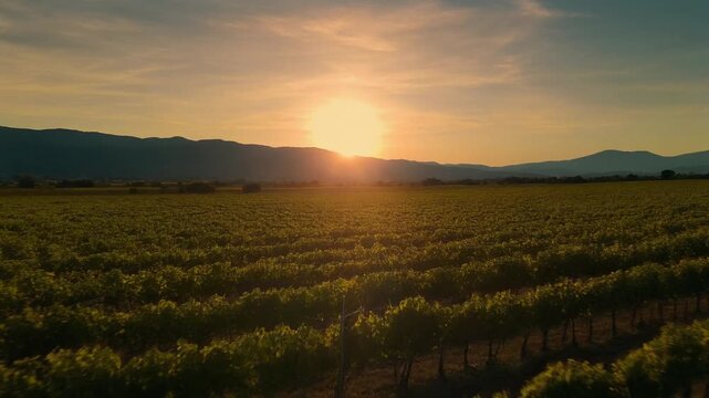 Golden sunset vineyard rows across a scenic valley landscape