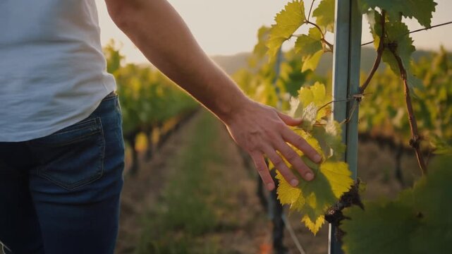 Close up of hand touching leaves in sunset vineyard rows