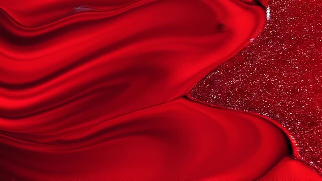 Close up of vibrant red silk fabric with sparkling glitter texture and smooth flowing patterns