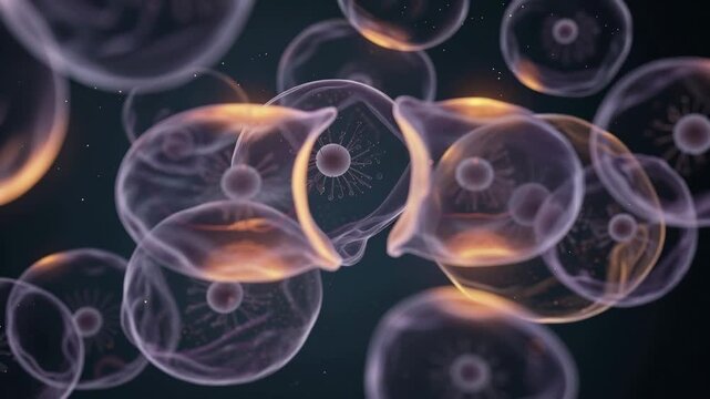 Explore vibrant microscopic life with glowing cells interacting and evolving in a dynamic colorful environment