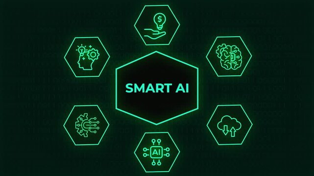 Motion graphics video clip of glowing futuristic Smart AI icons network displaying artificial intelligence concepts on dark background,  Smart AI  concept video for artificial evolution video concept 