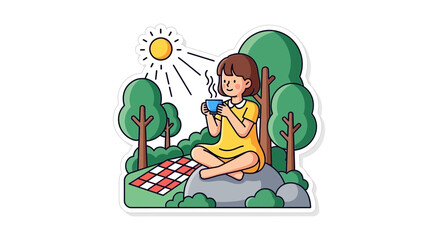Naklejka premium Young Girl Enjoying Hot Drink in Sunny Park Picnic
