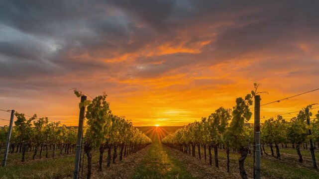 Beautiful golden sunset vineyard rows under a dramatic cloudy sky