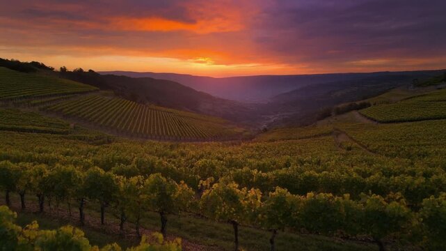 Sunset vineyard rows over scenic valley landscape at golden hour