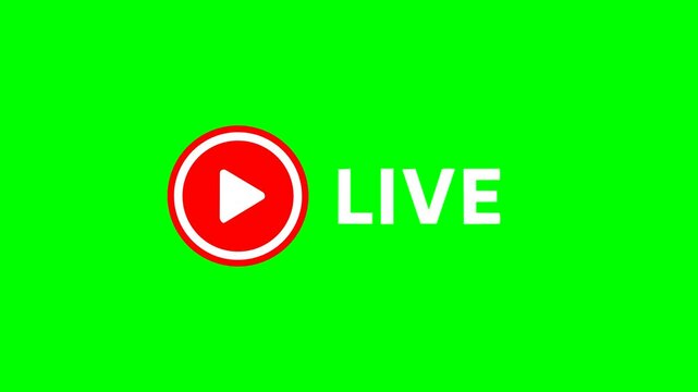 Animated live broadcast badge with red play button and white text reveal on a bright green screen background