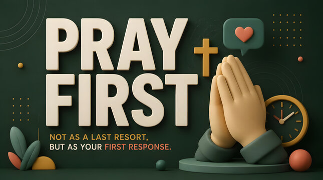 Religious and timemanagement themes, this image features large text pray, hands joined, cross, heart, clock, plants on green background.