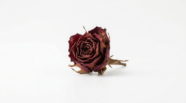 Single dried red rose bud facing forward on white background with romantic isolated background nostalgia burgundy botanical delicate heartbreak melancholy artistic composition