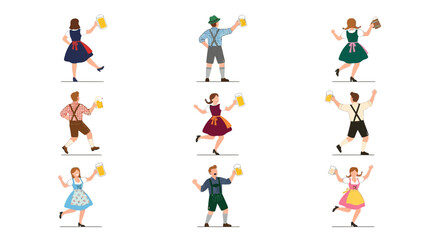 Fototapeta premium Illustration set of people in dirndl and lederhosen.