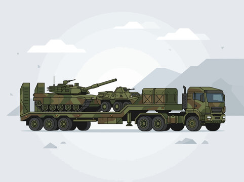 Military Transport Truck Hauling Armored Vehicles With Flatbed Trailer