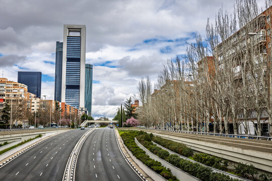 Cuatro Torres skyline and Paseo de la Castellana, Madrid, Spain