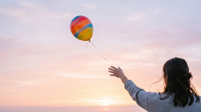 Woman releasing colorful rainbow balloon into sunset sky, symbolizing freedom, hope, letting go, emotional release, peaceful moment, serene landscape, soft pastel colors