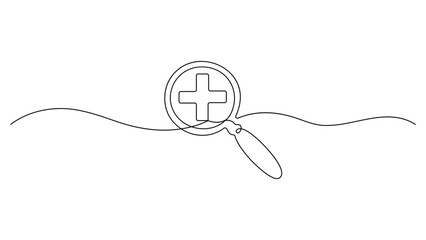 Obraz premium Medical Search Magnifying Glass with Cross Continuous One Line Drawing