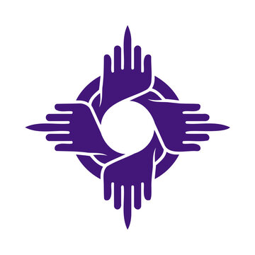Purple hands forming compass star shape unity vector graphic with cooperation, teamwork