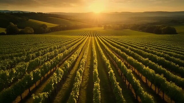 Golden sun rays illuminate sunset vineyard rows in rural valley