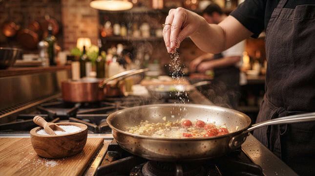 Chef Hand Sprinkling White Sea Salt into Frying Pan Cooking Fresh Tomato Meal in Kitchen