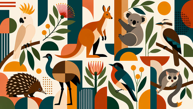 Australian Wildlife and Birds Geometric Nature Pattern Background