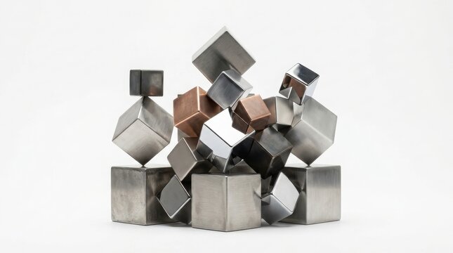 Abstract geometric metal sculpture composed of stacked and floating polished steel and copper cubes with sculpture abstract geometric contemporary installation structure floating polished