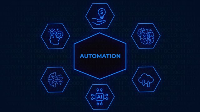 Automation and artificial intelligence concept diagram with glowing green hexagonal icons on dark abstract background,  A futuristic glowing blue infographic diagram showcasing automation, artificial