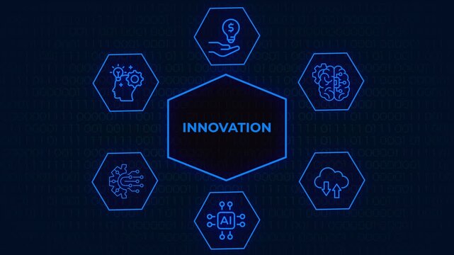Neon Innovation Infographic with Technology Icons and Binary Code Background for Digital Transformation Concepts, A glowing   neon infographic centered on the word 'Innovation' with hexagonal icon