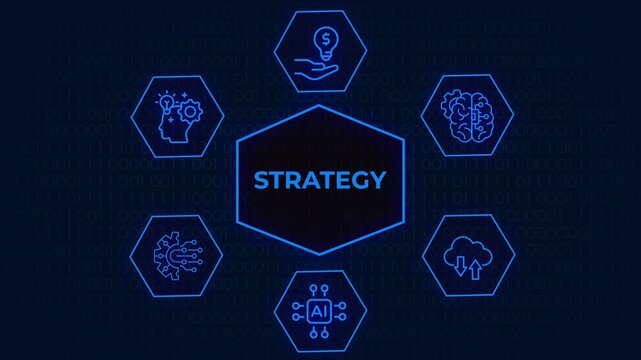 Futuristic digital business strategy concept with glowing   neon icons representing AI cloud computing brain and planning, A futuristic   neon graphic displaying the word STRATEGY surrounded  
