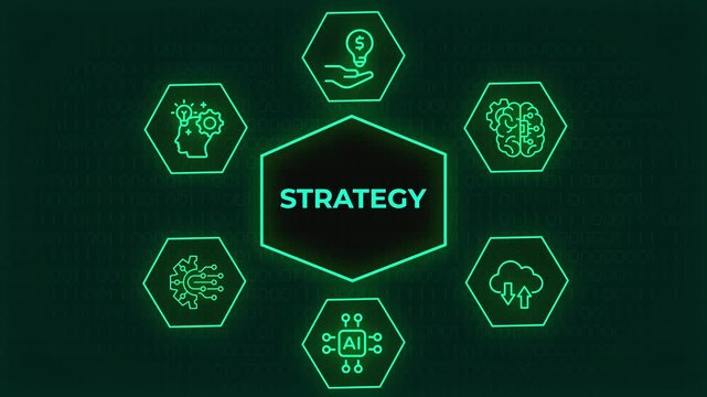 Futuristic digital business strategy concept with glowing   neon icons representing AI cloud computing brain and planning, A futuristic   neon graphic displaying the word STRATEGY surrounded  