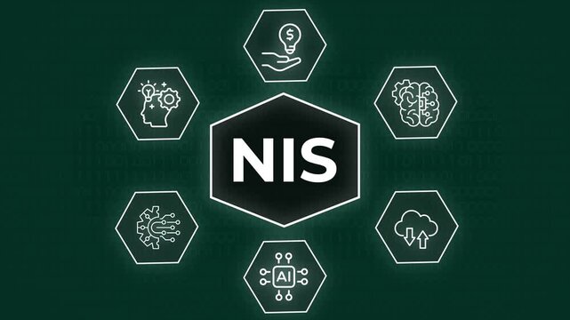 NIS network and information security compliance concept illustration with digital technology icons on green background, A  digital infographic diagram representing NIS network and information security