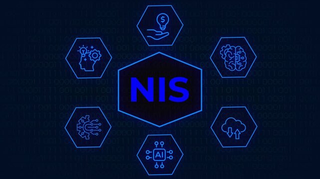 NIS network and information security compliance concept illustration with digital technology icons on green background, A  digital infographic diagram representing NIS network and information security
