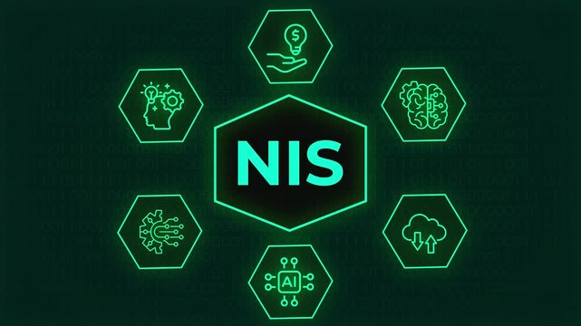 NIS network and information security compliance concept illustration with digital technology icons on green background, A  digital infographic diagram representing NIS network and information security